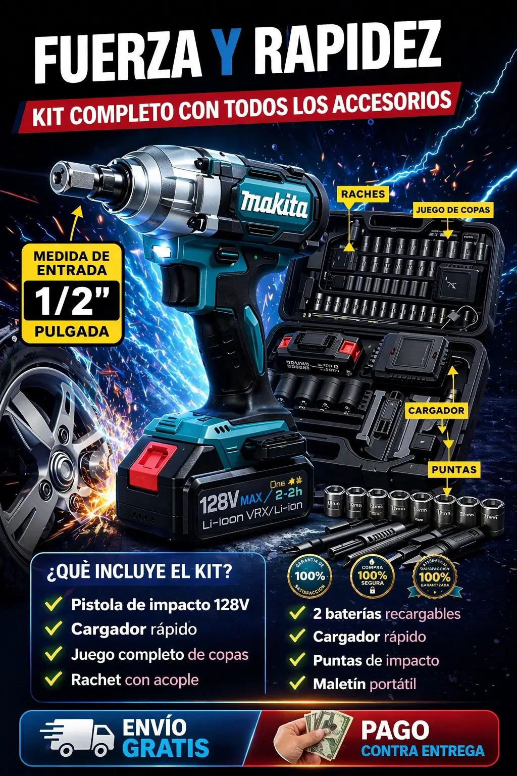 🔧 Pistola de Impacto Inalámbrica – Kit Completo con Maletín