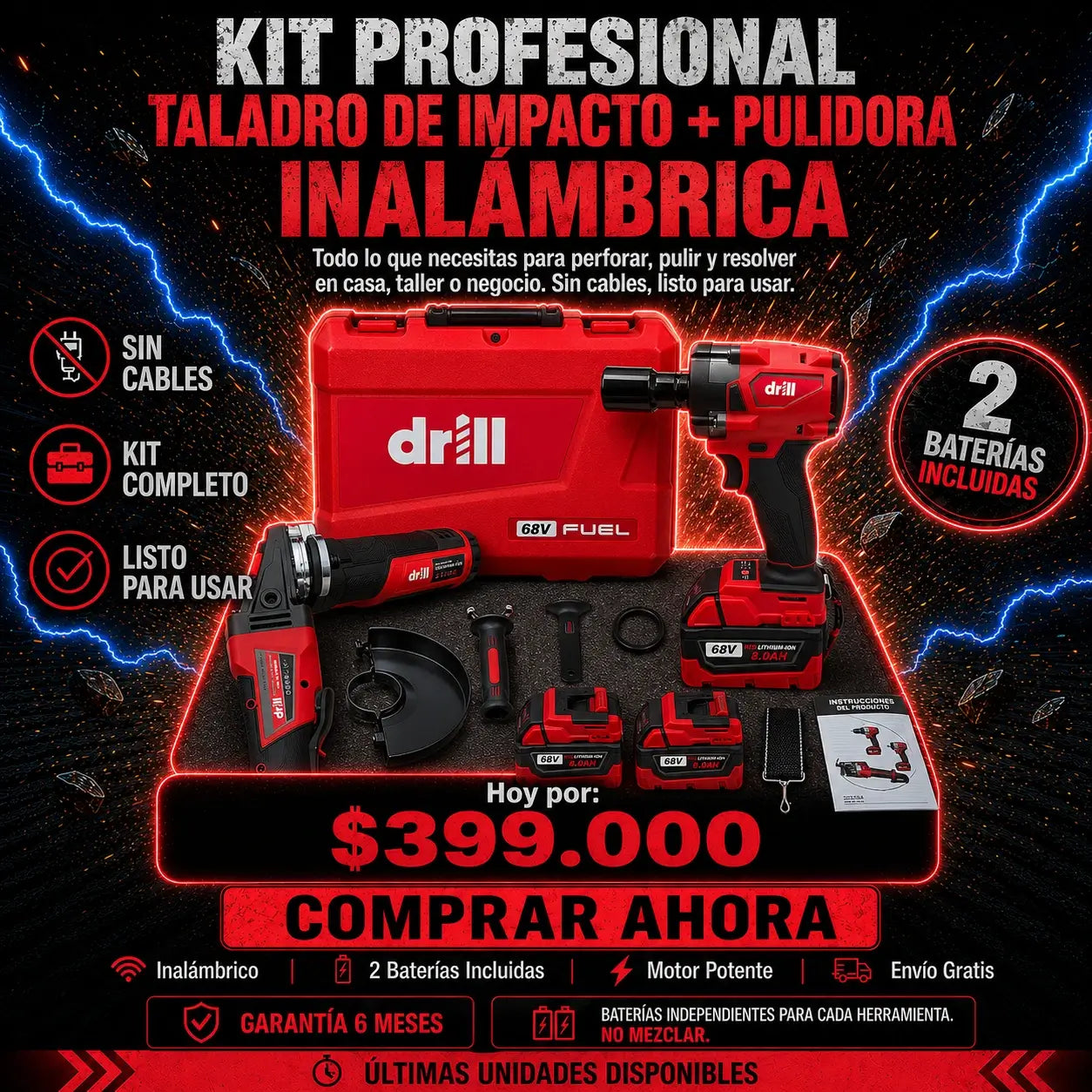 🔥 COMBO PROFESIONAL DRILL 🔥 Pistola / Taladro de Impacto + Pulidora Inalámbrica