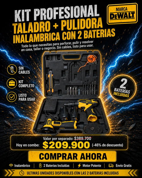 🔥 Kit Profesional Taladro + Pulidora Inalambrica | 2 Baterias + Copas + Maletin🔥