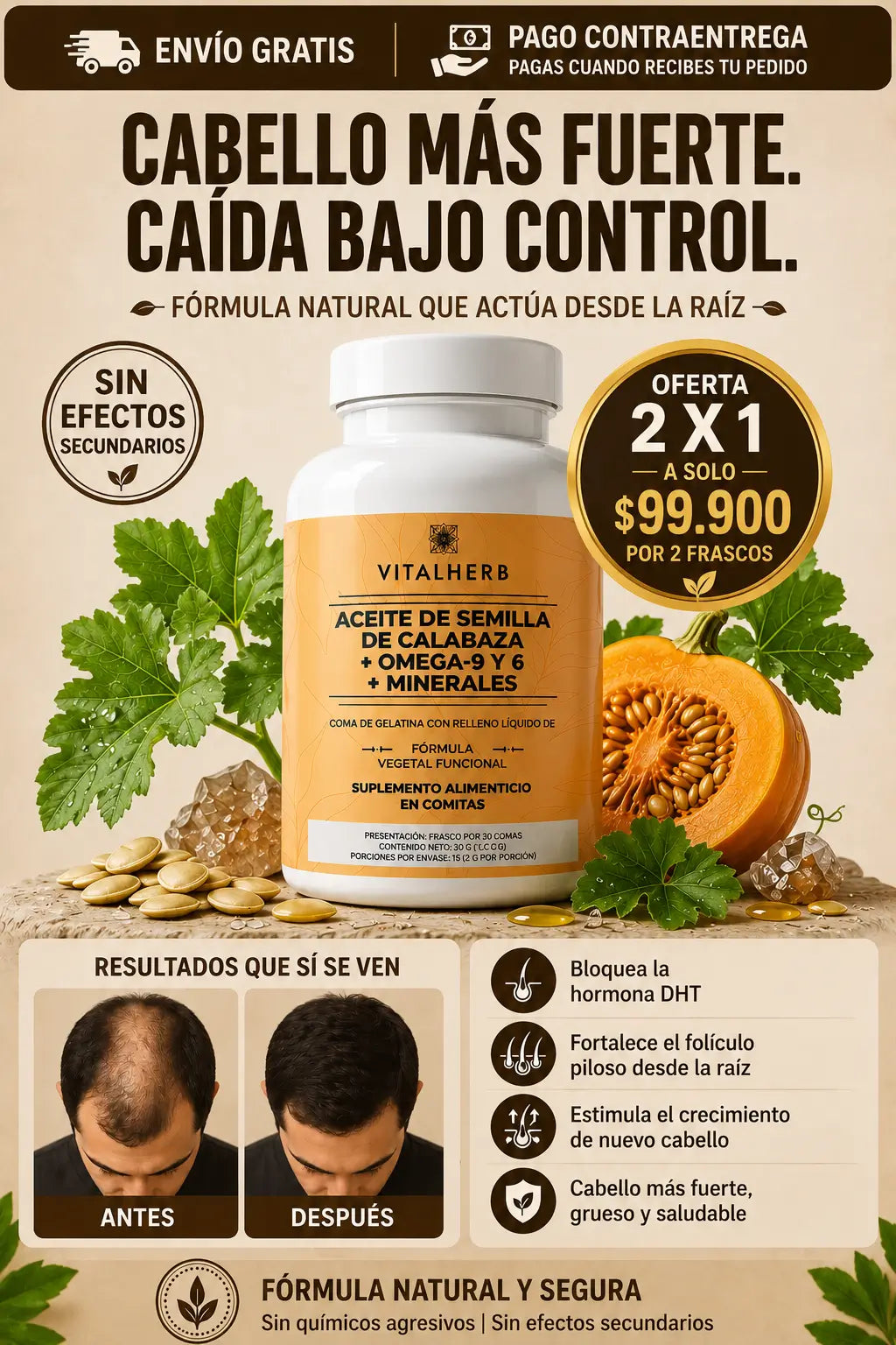 Vital her Tratamiento PRO Anticaída Capilar Masculino (Aceite de Semilla de Calabaza + Complejo Natural)