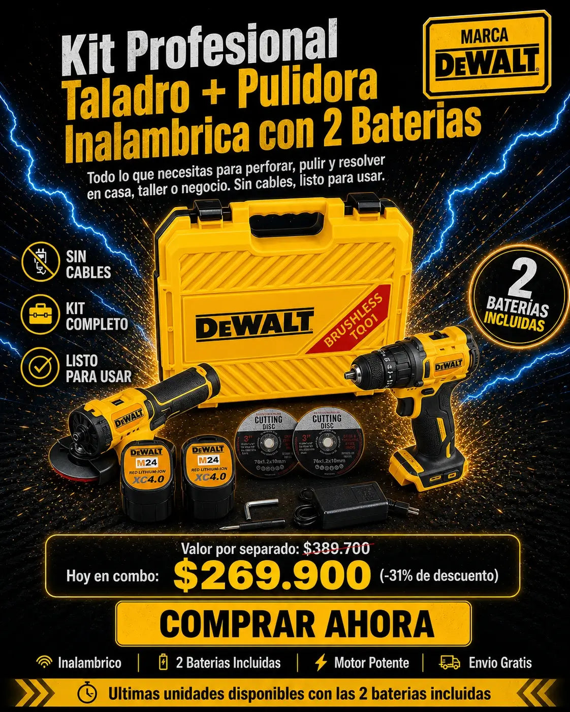 🔥 KIT PROFESIONAL TALADRO +  PULIDORA INALÁMBRICA BRUSHLESS 🔥